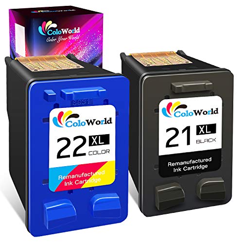 ColoWorld Remanufactured Ink Cartridge Replacement for HP 21 22 21XL 22XL Used with HP OfficeJet 5610 4315 J3680 DeskJet F2210 F4180 F380 F300 F4140 D1455 3940 F335 PSC 1410 Printer (1 Black, 1 Color)