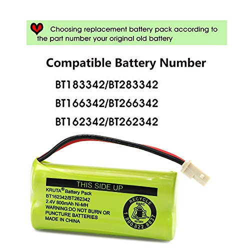Kruta BT166342 BT266342 Battery 2.4V 800mah Replacement Battery Pack Compatible with for BT183342 BT283342 BT162342 BT262342 VTech CS6114 CS6419 CS6719 at&T EL52300 CL80111 Cordless Phone (Pack 4)