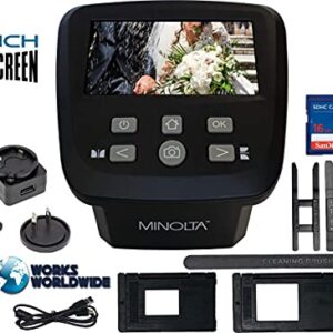 MINOLTA Film & Slide Scanner, Large 5" Screen, Convert Color & B&W 35mm, 126, 110 Negative & Slides, Super 8 Films to High Res 22MP JPEG Digital Photos, 16GB SD Card, Worldwide AC Adapter (Black)