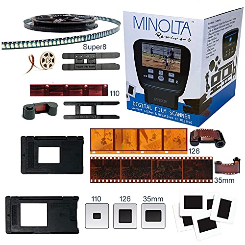 MINOLTA Film & Slide Scanner, Large 5" Screen, Convert Color & B&W 35mm, 126, 110 Negative & Slides, Super 8 Films to High Res 22MP JPEG Digital Photos, 16GB SD Card, Worldwide AC Adapter (Black)