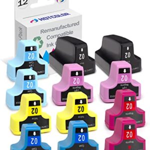 HOTCOLOR Remanufactured for hp 02 Ink Cartridges Replacement for HP 02 Printer Ink cartridges Work for HP PhotoSmart C6280 C7280 8250 D7460 C8180 C6250 Printer (2BK/2C/2M/2Y/2LC/2LM, 12-Pack)