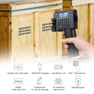 BESHENG Handheld Printer PT2000SE, Portable Handheld Inkjet Printer with Quick-Drying Ink Cartridge, Handheld Mobile Inkjet Code Printer for Label/Production Date/Time/Barcode/QR Code/Logo etc