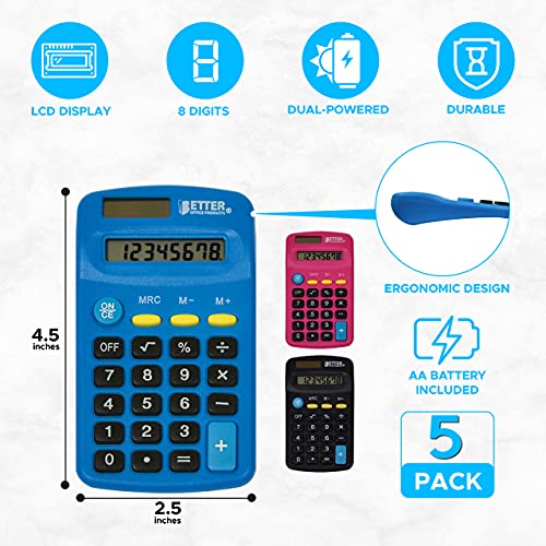 Pocket Size Mini Calculators, 10 Pack, Handheld Angled 8-Digit Display, by Better Office Products, Standard Function, Assorted Colors (Blue, Black, Pink), Dual Power with Included AA Battery Power