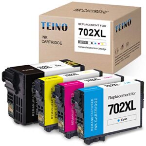 teino remanufactured ink cartridge replacement for epson 702xl 702 t702 t702xl use with epson workforce pro wf-3720 wf-3733 wf-3730 (black, cyan, magenta, yellow, 4-pack)
