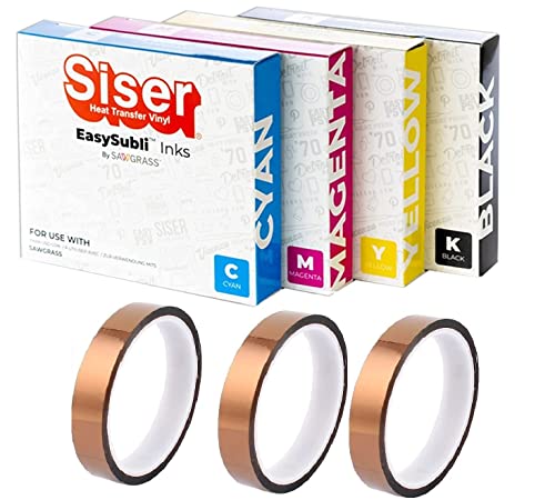 Sawgrass EASYSUBLI Sublimation Inks for SG500 / SG1000 Printer. Full Set of 4 Easy Subli Ink cartridges (CMYK) Bundle with 3 Rolls SUBLIMAX Brand Heat Tape- for Siser EasySubli Users.