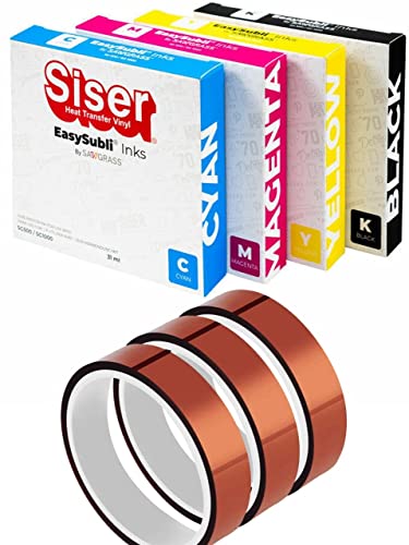 Sawgrass EASYSUBLI Sublimation Inks for SG500 / SG1000 Printer. Full Set of 4 Easy Subli Ink cartridges (CMYK) Bundle with 3 Rolls SUBLIMAX Brand Heat Tape- for Siser EasySubli Users.