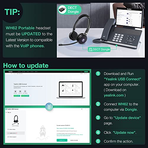 Yealink WH62 Mono Wireless Headset DECT Portable, Teams & Zoom Compatible Noise Cancellation Headsets with Microphone, 120m 10h Talk Office Headphone for VoIP Phone Computer PC