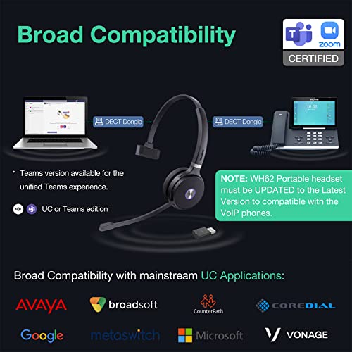 Yealink WH62 Mono Wireless Headset DECT Portable, Teams & Zoom Compatible Noise Cancellation Headsets with Microphone, 120m 10h Talk Office Headphone for VoIP Phone Computer PC