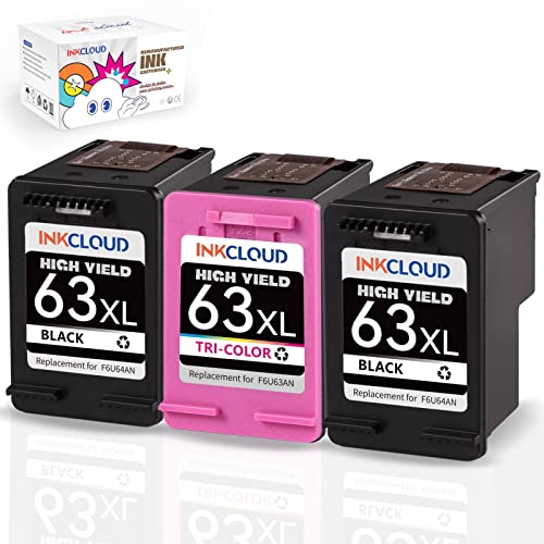 INKCLOUD Higher Yield 63XL Ink Cartridges Replacement for HP 63 Ink 63XL Work with HP OfficeJet 3830 4650 4655 5255 5258 Envy 4520 4512 4513 4516 DeskJet 1112 3630 2132 Printer(2 Black, 1 Tri-Color)