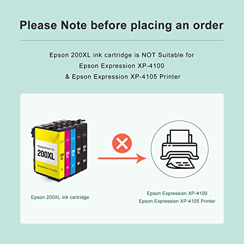 MYTONER Remanufactured Ink Cartridge Replacement for Epson 200XL 200 XL for Expression XP-200 XP-300 XP-310 XP-400 XP-410 Workforce WF-2520 WF-2530 WF-2540 Printer(2 Black,1 Cyan, 1 Magenta,1 Yellow)