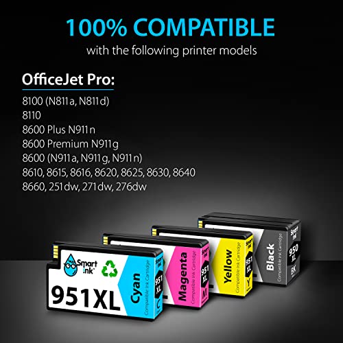 Smart Ink Compatible Ink Cartridge Replacement for HP 950XL 951XL 950 XL 951 XL 4 Pack Combo to use with Officejet Pro 8600 plus 8610 8620 8100 8625 8630 Printers (1 Black & 1 Cyan 1 Magenta 1 Yellow)