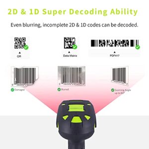 Symcode Wireless 2D Bluetooth Barcode Scanner with Stand 433 Wireless 2625 Feet Transmission Distance USB QR Automatic Barcode Reader Handhold Bar Code Scanner with Charging Base Vibration Alert Green