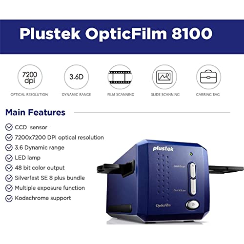 Plustek OpticFilm 8100-35mm Negative Film/Slide Scanner with 7200 DPI and 48-bit Output. Bundle Silverfast SE Plus 8.8, Support Mac and Windows