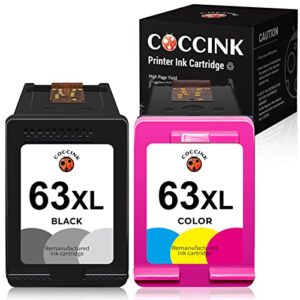 coccink 63xl remanufactured ink cartridge replacement for hp 63 xl f6u64an for officejet 3830 4650 4652 5200 5252 5258 envy 4520 4512 deskjet 1112 2132 3630 printer (1 black, 1 tri-color) combo pack