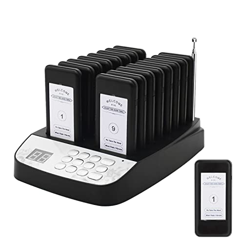 WWMFS Restaurant Pager System 16 Pagers, Wireless Social Distance Restaurant Waiting Buzzer System, Guest Calling Pagers and Beepers for Food Truck, Church, Nursery, Hospital (Black-16 Pagers)