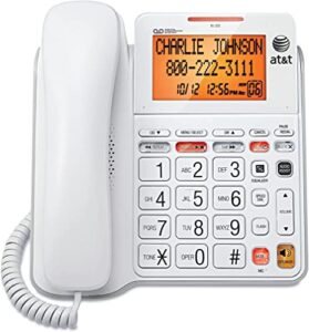 at&t cl4940 corded answering system with backlit display, white, display dial, mute, last number redial, flash, clearspeak dial-in-base speakerphone, caller id/call waiting, audible message alert