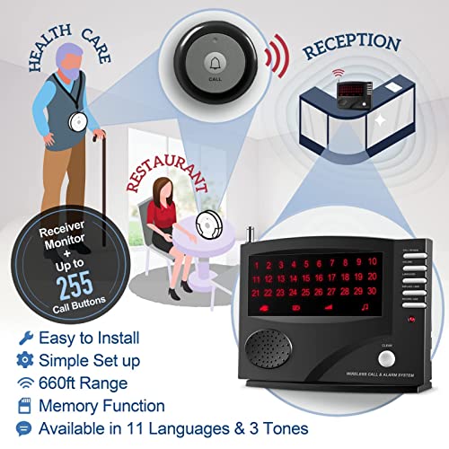 SYNLETT Wireless Calling System Nurse Call System Caregiver Pager for Restaurant Clinic Nursing Home 11 Languages 3 Alert Tones, 10 Call Buttons and 1 Monitoring Unit for Patients Seniors Customer