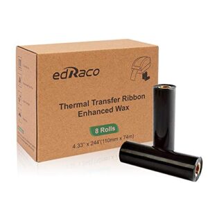 desktop thermal transfer ribbons -enhanced wax, 8 rolls, 4.33″ x 244’/110mm x 74m for zebra desktop printer