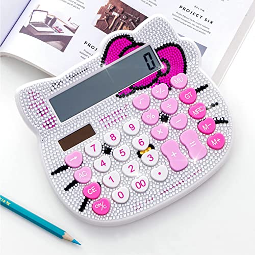 Hello Kitty Calculator, Xinyu Lighting Creative and Cute Solar Calculator, 12-Digit LCD Display, Suitable for Adults and Children, Solar and Battery Powered (White Jewel Model)