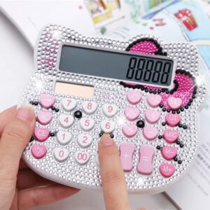 Hello Kitty Calculator, Xinyu Lighting Creative and Cute Solar Calculator, 12-Digit LCD Display, Suitable for Adults and Children, Solar and Battery Powered (White Jewel Model)