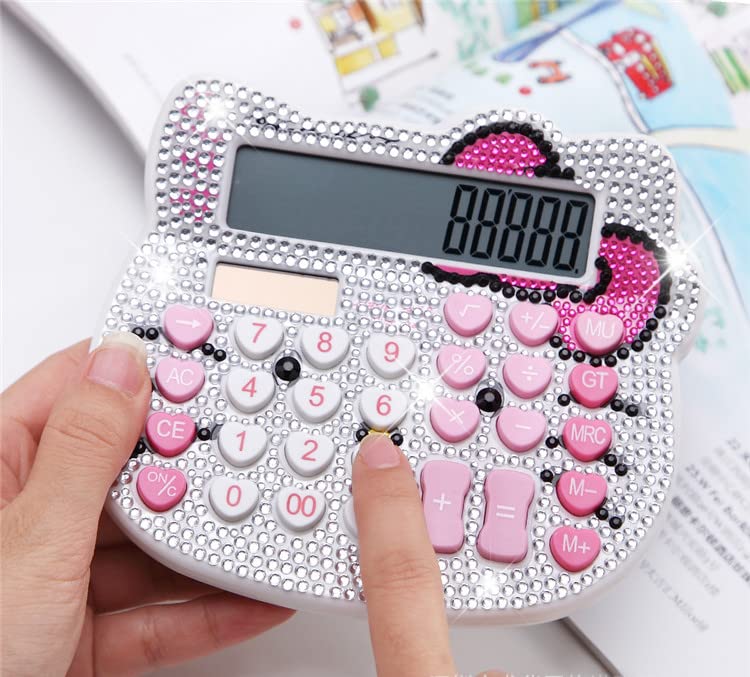 Hello Kitty Calculator, Xinyu Lighting Creative and Cute Solar Calculator, 12-Digit LCD Display, Suitable for Adults and Children, Solar and Battery Powered (White Jewel Model)