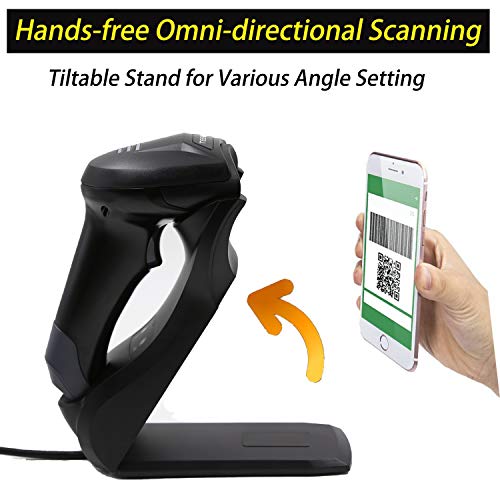 TEEMI QR Bluetooth 5.0 Barcode Scanner with Wall Mountable USB Charging Cradle Data Receiver, 1D 2D Wireless CMOS Screen Scanning PDF417 Data Matrix, Max 300 Yards Transfer Range