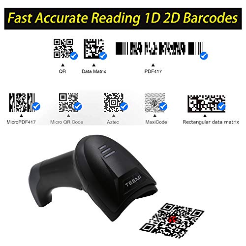 TEEMI QR Bluetooth 5.0 Barcode Scanner with Wall Mountable USB Charging Cradle Data Receiver, 1D 2D Wireless CMOS Screen Scanning PDF417 Data Matrix, Max 300 Yards Transfer Range