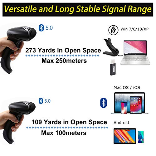 TEEMI QR Bluetooth 5.0 Barcode Scanner with Wall Mountable USB Charging Cradle Data Receiver, 1D 2D Wireless CMOS Screen Scanning PDF417 Data Matrix, Max 300 Yards Transfer Range