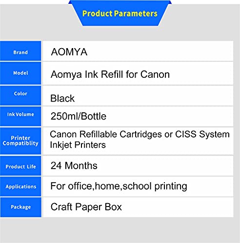 Aomya Compatible Canon Black Ink Refill Kit 250ml Dye Bulk Ink for Canon Inkjet Printers Refillable Cartridge CISS CIS System (9 oz) with Syringe&Glove
