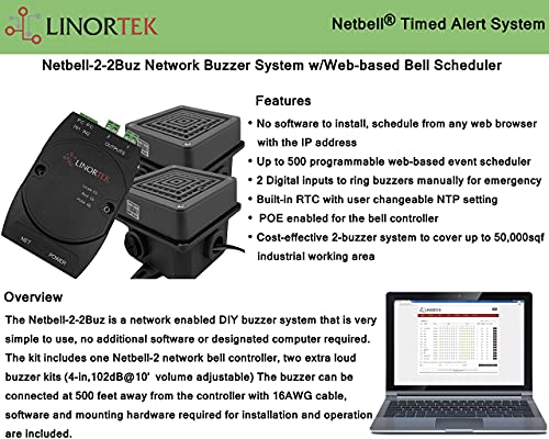 Linortek Netbell-2-2Buz TCP/IP Network Break Buzzer System with Two 4” Extra Loud Buzzers for Industrial Factory Warehouse Lunch Break Time Alert Signalling w/Web-Based Scheduling Software