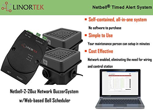 Linortek Netbell-2-2Buz TCP/IP Network Break Buzzer System with Two 4” Extra Loud Buzzers for Industrial Factory Warehouse Lunch Break Time Alert Signalling w/Web-Based Scheduling Software