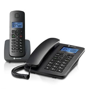 motorola voice c42 corded phone system + 1 digital cordless handset w/answering machine, call block – black (c4201)