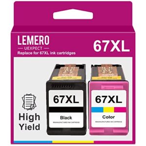 lemero uexpect 67xl remanufactured ink cartridge replacement for 67xl hp printer ink 67 xl for envy 6055 6052 6455 deskjet 2755 2722 4155e 2725 1255 printer black tri-color, 2-pack