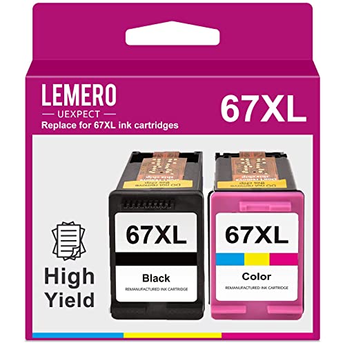 LEMERO UEXPECT 67XL Remanufactured Ink Cartridge Replacement for 67XL HP Printer Ink 67 XL for Envy 6055 6052 6455 DeskJet 2755 2722 4155e 2725 1255 Printer Black Tri-Color, 2-Pack