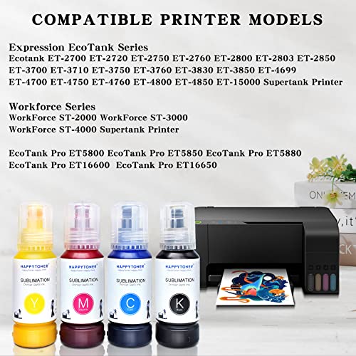 HAPPYTONER Sublimation Ink for Epson 2800 ecotank ET-3750 ET-3760 ET-3830 ET-4850 ET-4750 ET-2760 ET-2700 ET-4760 ET-15000 ST-2000 Heat Press Transfer on T-Shirt Mug (Upgrade Version/Anti-UV)