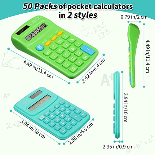 50 Pieces Pocket Calculator Bulk Basic Calculator Small 4 Function Calculator Battery Powered Handheld Kids Calculator Mini Calculators for Students Desktop Primary School Home Office, 2 Styles