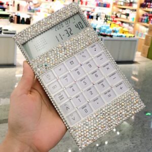 Glitter Calculator Silver Calculators Sparkle Bling Rhinestone Caiculator Office Home Electronics Diamond Desktop Calculator Solar Power 12 Digits Tilted LCD Display