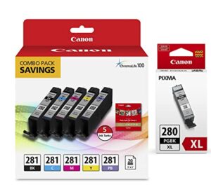 genuine canon cli-281 5-color ink tank combo pack with 5 x 5″ photo paper (2091c006) + canon pgi-280 xl pigment black ink tank (2021c001)