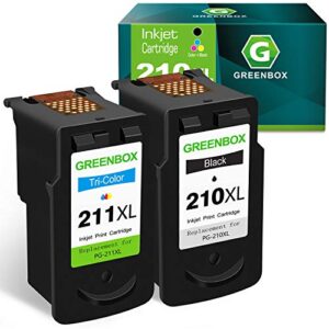 greenbox remanufactured ink cartridge replacement for canon pg-210xl cl-211xl 210xl 211xl high yield for pixma ip2702 mx410 mp495 mp230 mp240 mp280 mx340 mx350 mx360 printer (1 black 1 tri-color)