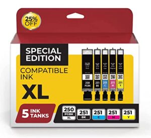 (5 pack) canon pgi-250xl / cli-251xl compatible replacement ink cartridges. works with pixma mx922 mx920 ip7220 ip8720 mg7520 mg6320 printers. 5 pack (pg black, black, cyan, magenta, yellow)