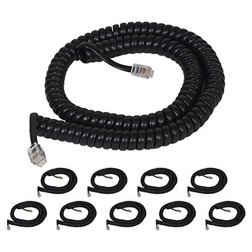 Coiled Telephone Handset Cord for Use with PBX Phone Systems, VoIP Telephones - 12 Ft Uncoiled, Rj22, 1.5 Inch Lead on Both Ends, Glossy Black, 10-Pack