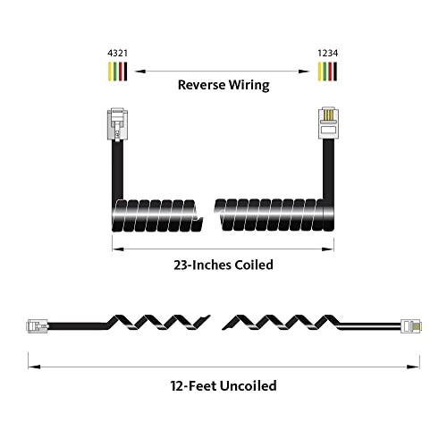 Coiled Telephone Handset Cord for Use with PBX Phone Systems, VoIP Telephones - 12 Ft Uncoiled, Rj22, 1.5 Inch Lead on Both Ends, Glossy Black, 10-Pack