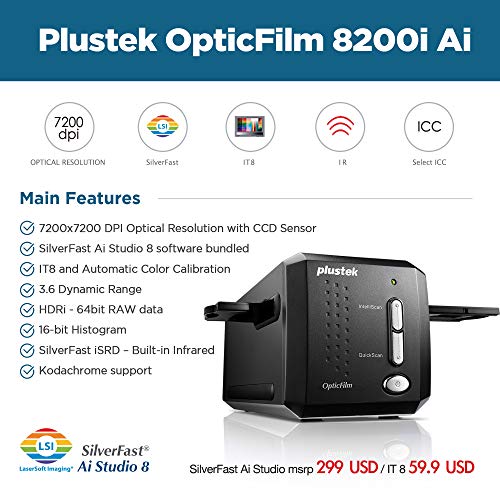 Plustek OpticFilm 8200i AI - 35mm Film & Slides Scanner. IT 8 Calibration Target + SilverFast Ai Studio 8.8, 7200 dpi Resolution 64Bit HDRi , Mac/PC
