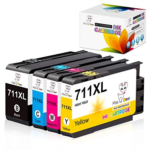 Miss Deer 711XL Ink Cartridges Replacement for HP 711 711XL Ink,Work for HP Designjet T120 T520 24-in T520 36-in Printer (Black,Cyan,Magenta,Yellow) 4 Pack