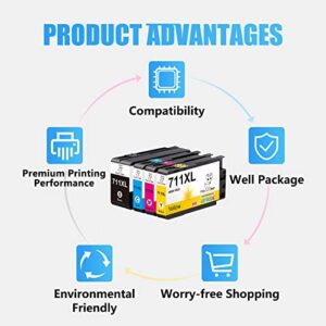 Miss Deer 711XL Ink Cartridges Replacement for HP 711 711XL Ink,Work for HP Designjet T120 T520 24-in T520 36-in Printer (Black,Cyan,Magenta,Yellow) 4 Pack