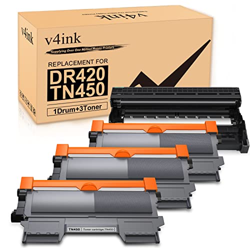 v4ink Compatible Toner Cartridge and Drum Unit Replacement for Brother TN450 TN420 DR420 use with HL-2270dw HL-2280dw HL-2230 HL-2240d MFC-7240 MFC-7360n MFC-7860dw 4 Packs (1 Drum 3 Toner) (Black)