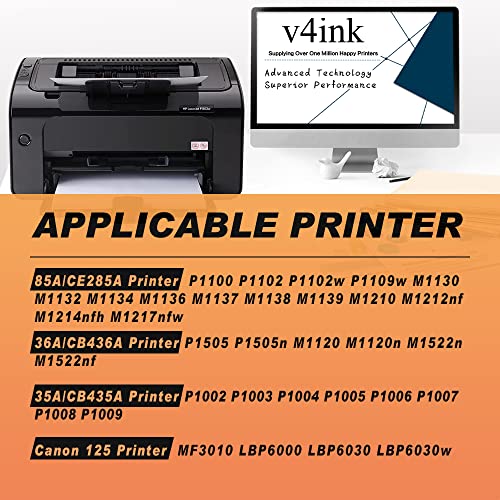 v4ink 2PK Compatible 85A Toner Cartridge Replacement for HP 85A CE285A 36A CB436A 35A CB435A Canon 125 Toner for HP Pro P1102 P1102W P1109w P1505 P1505n MFP M1212nf M1217nfw M1522n M1522nf Printer