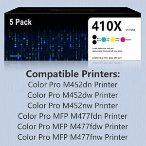 410X Toner Cartridge CF410X CF411X CF412X CF413X, 5 Pack High Yield Replacement for HP 410X Color Pro M452dn M452dw M452nw MFP M477fdw M377dw M477fnw M477fdn Toner Printer, 2BK/1C/1Y/1M