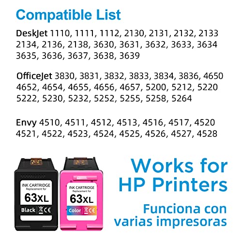 High Yield 63XL Ink Cartridges Black Color, for HP 63/63XL Ink Cartridge Combo Pack, for HP63XL HP63, Compatible for HP Officejet 5258 4650 5255 3830, Envy 4520 4512, Deskjet 3630 2130 3632 Printer