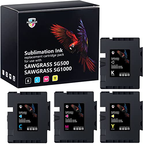 Poschink SG500 SG1000 Sublimation Ink Cartridges | Upgraded Firmware 3.03 | for SAWGRASS Virtuoso SG500 SG1000 Printers (Black, Cyan, Magenta, Yellow - 4 Packs)